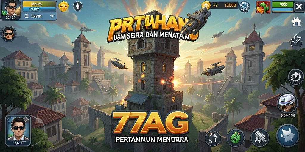 Screenshot gameplay 77AG menampilkan pertempuran mendebarkan Tower Defense.