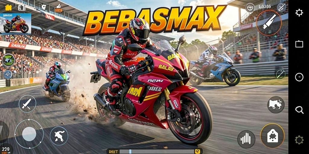 Gameplay seru dan menantang di BEBASMAX dengan motor balap.