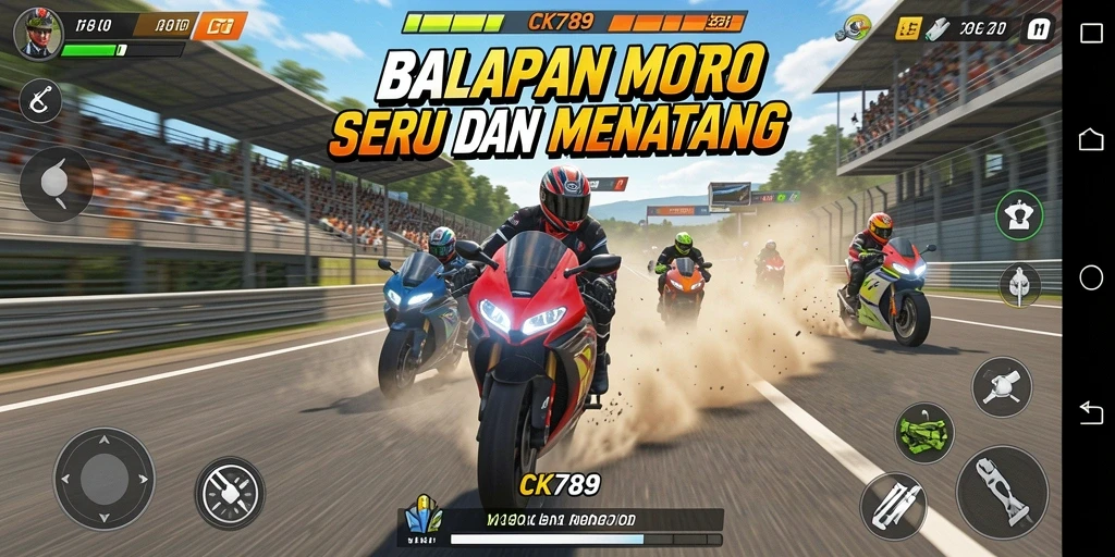Screenshot CK789 menampilkan aksi balapan motor yang mendebarkan dan realistis.