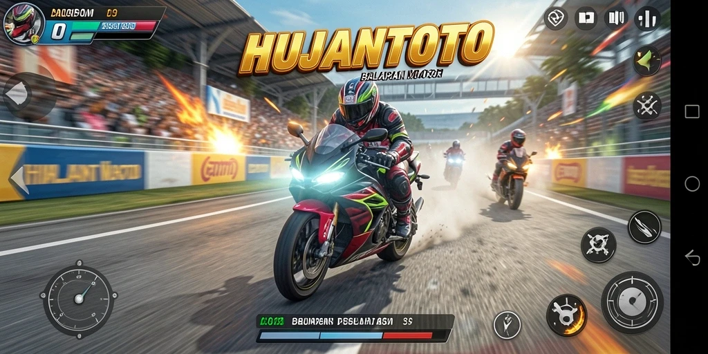Screenshot gameplay HUJANTOTO dengan aksi balapan motor yang mendebarkan.