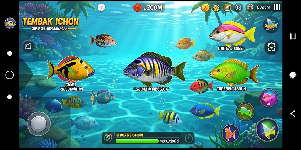 Screenshot utama J200M menampilkan aksi gameplay tembak ikan yang seru.