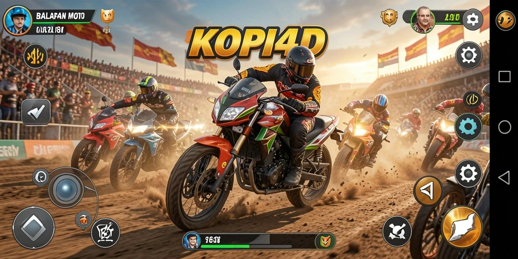 Screenshot KOPI4D menampilkan tindakan balapan motor yang seru di lintasan menantang.