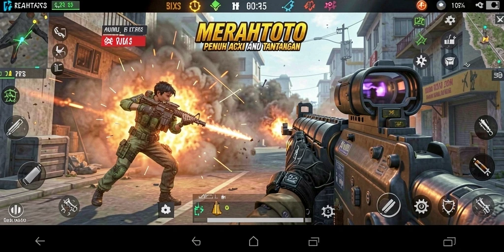 Tangkapan layar gameplay <strong>MERAHTOTO</strong> menunjukkan pertempuran FPS yang mendebarkan.