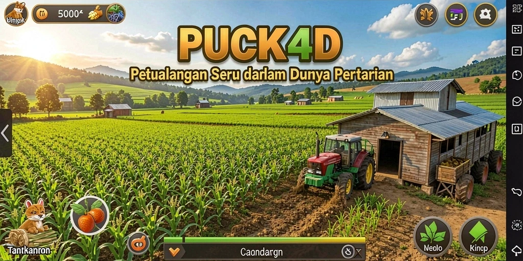 Screenshot utama menunjukkan pemain mengelola ladang hijau yang subur.